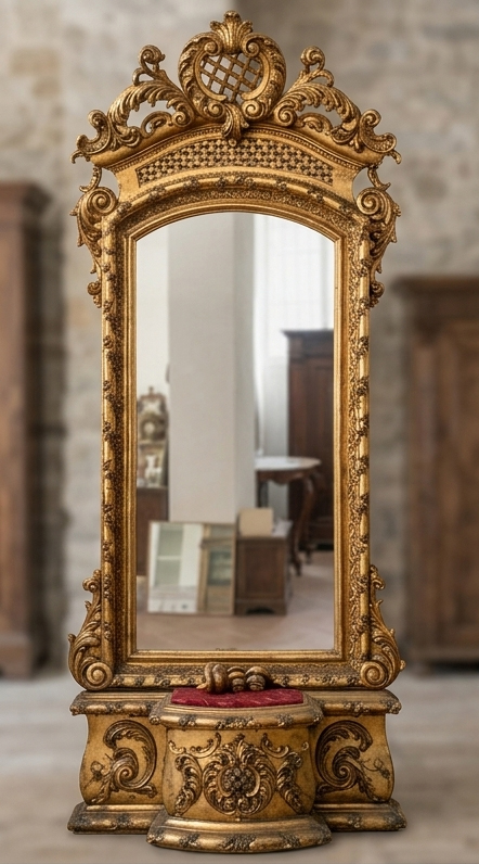 Specchiera Antica Barocca da Terra Dorata con Panca Imbottita Scenografica specchiera antica da terra d'epoca XIX secolo in pieno stile Barocco, interamente intagliata e rifinita con una preziosa doratura in foglia d'oro. La struttura si caratterizza per una ricca cimasa traforata con volute e conchiglie, cornice finemente lavorata a rilievo ed una rara base sagomata che integra un elegante poggiapiedi centralmente imbottito in tessuto damascato rosso rubino. La parte inferiore è decorata con ricchi intagli a cartiglio e festoni. In ottimo stato di conservazione originale con straordinaria patina antica e naturale craquelure della doratura, costituisce un pezzo d'antiquariato d'eccezionale prestigio, ideale per impreziosire con regalità saloni, ampi ingressi, boutique di lusso o camere da letto di gran classe.